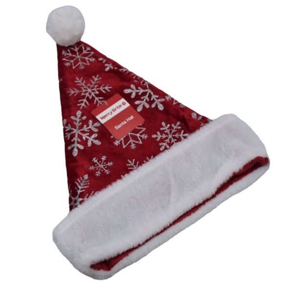 2 Merry Brite Christmas Stockings and 1 Santa Hat with Glitter Snowflakes New Lo - Picture 2 of 6